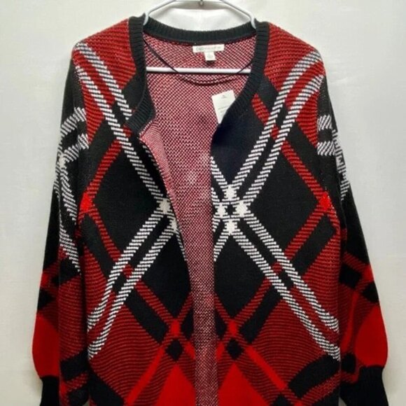 Cato Fashions Open Front Long Cardigan Duster Women's Large Black Red Plaid NWT - Picture 2 of 13